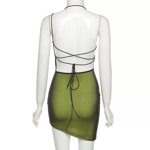 NEW Green Mesh One Strap Fitted Mini Angled Dress - Picture 7 of 16
